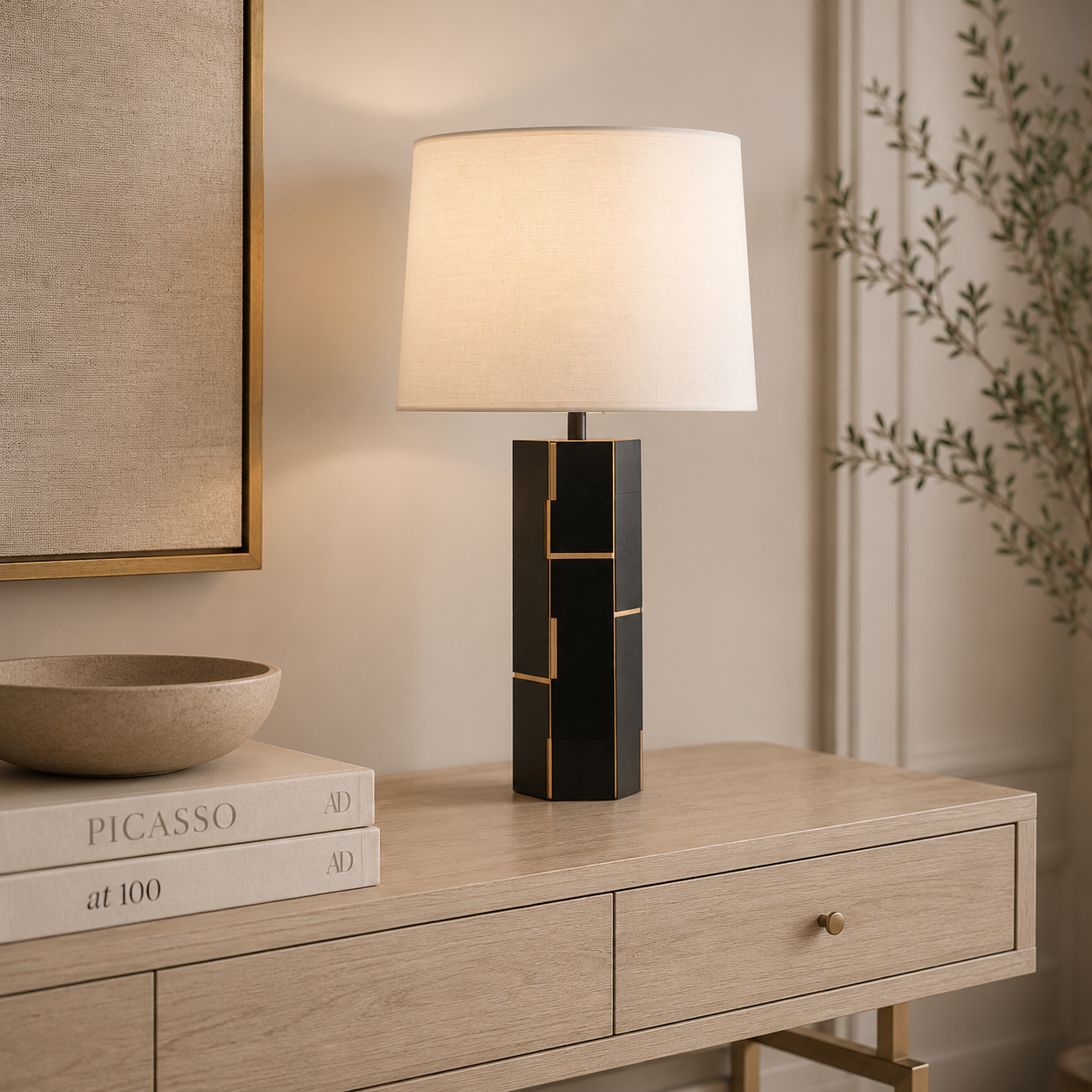 Exeter Black Leather 1 Light Table Lamp With White Fabric Shade by Liang & Eimil