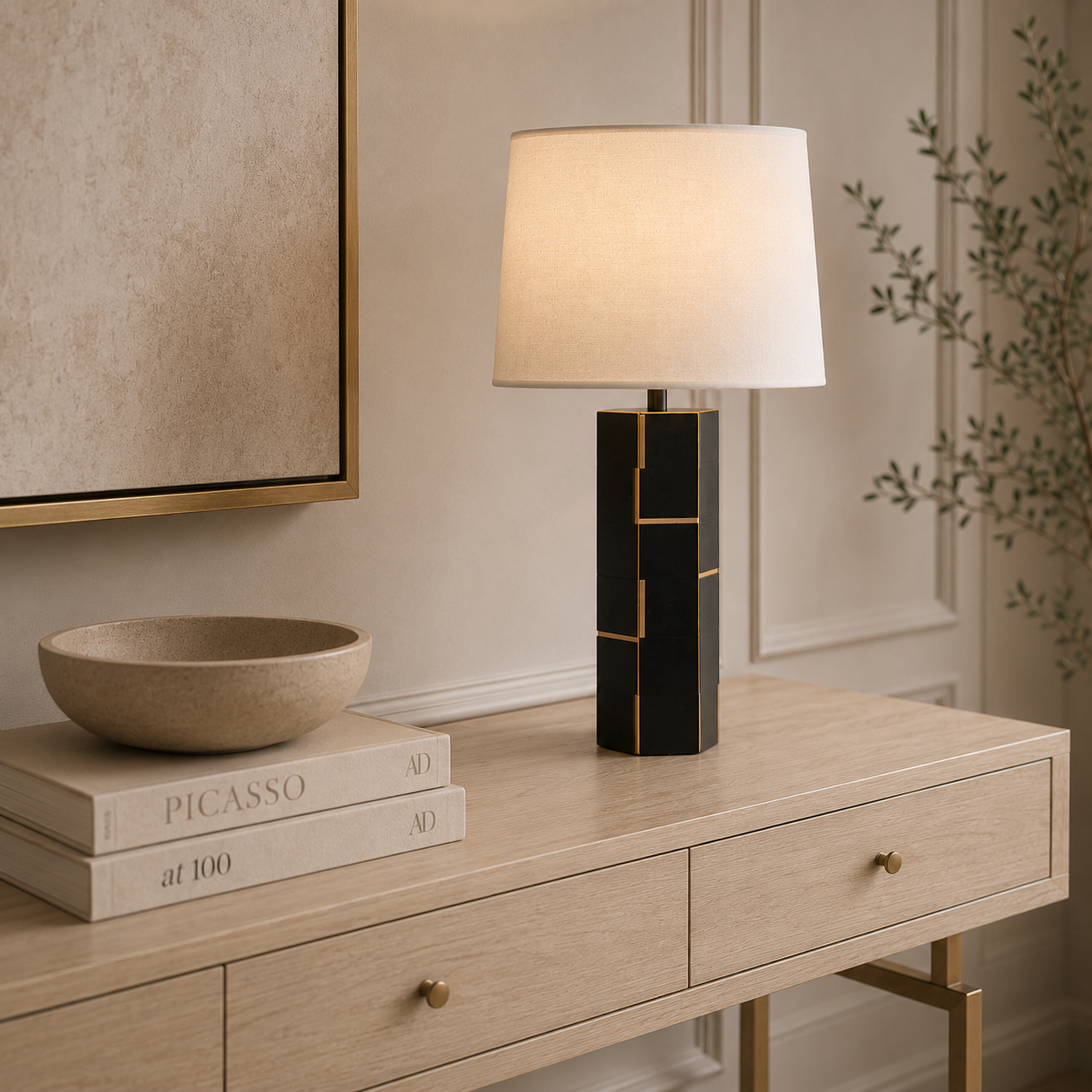 Exeter Black Leather 1 Light Table Lamp With White Fabric Shade by Liang & Eimil