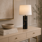 Exeter Black Leather 1 Light Table Lamp With White Fabric Shade by Liang & Eimil