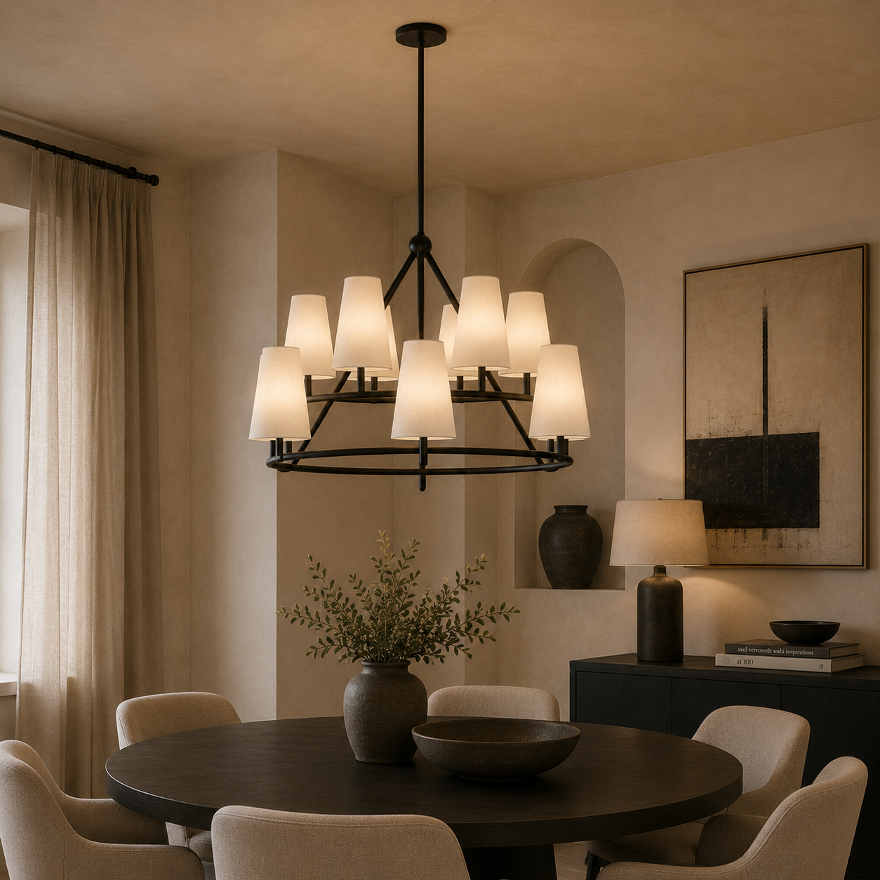 Gildan White Linen Fabric & Black Iron Chandelier by Liang & Eimil