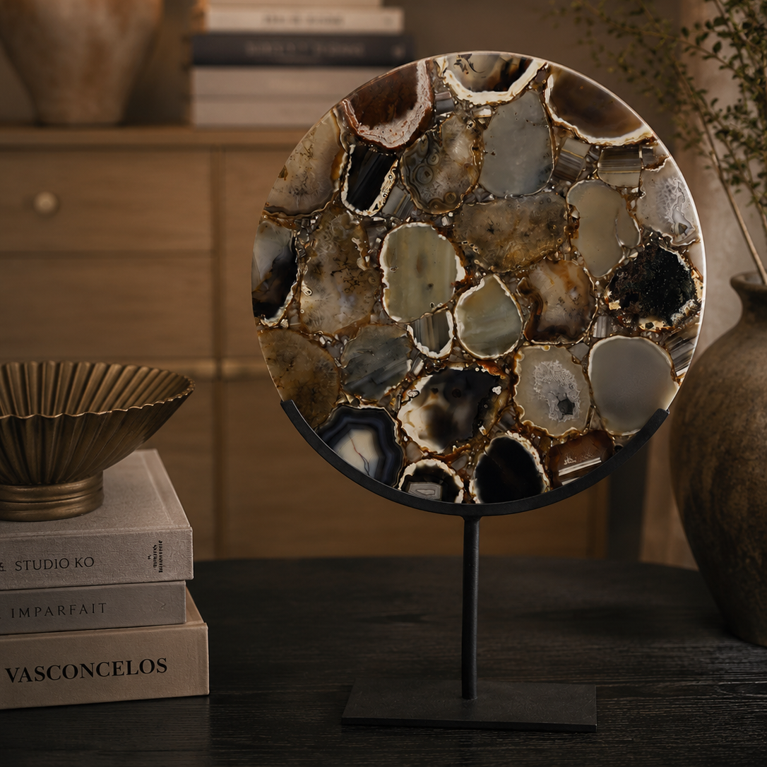 Guoya Large Brown Agate & Matt Black Ring On Stand by Light & Living