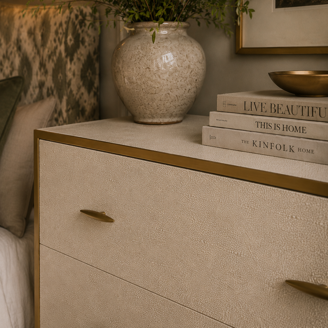 Hampton Ivory Faux Shagreen Chest Of Drawers with Gold Legs & Handles - Ivory by D.I. Designs