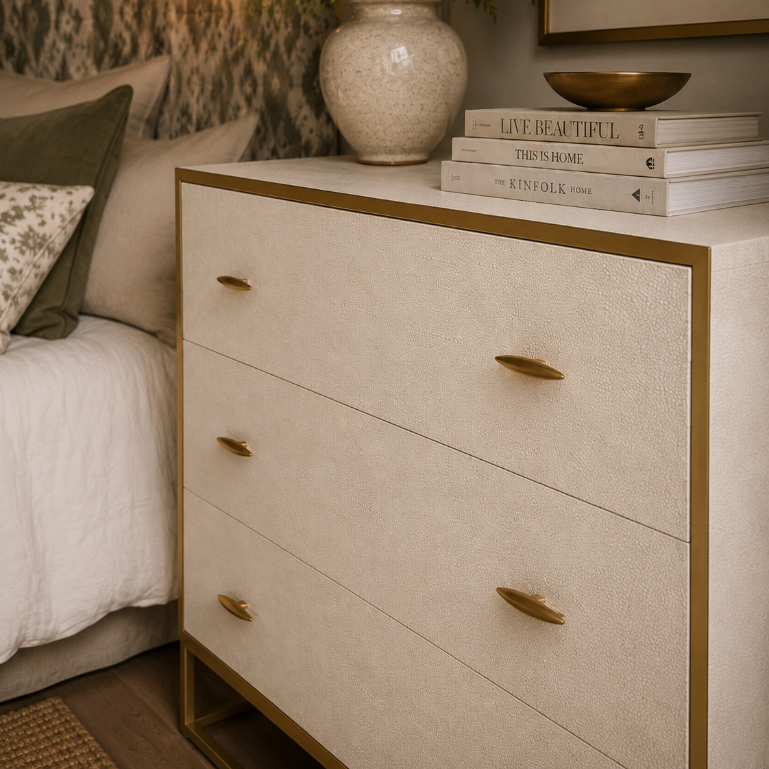 Hampton Ivory Faux Shagreen Chest Of Drawers with Gold Legs & Handles - Ivory by D.I. Designs