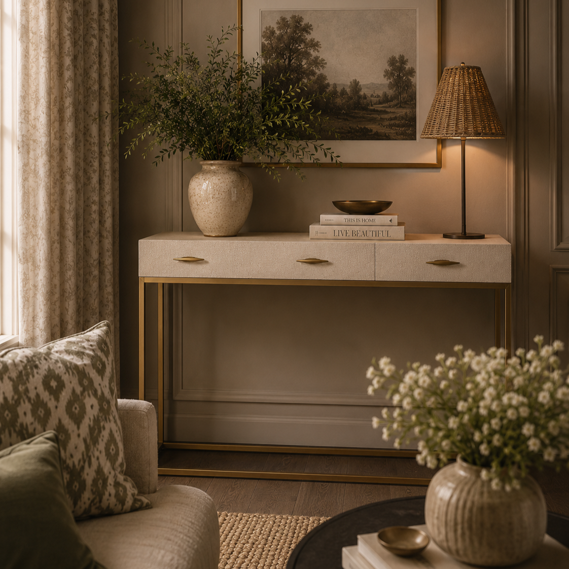 Hampton Ivory Faux Shagreen & Gold Handles Console Table - Ivory by D.I. Designs