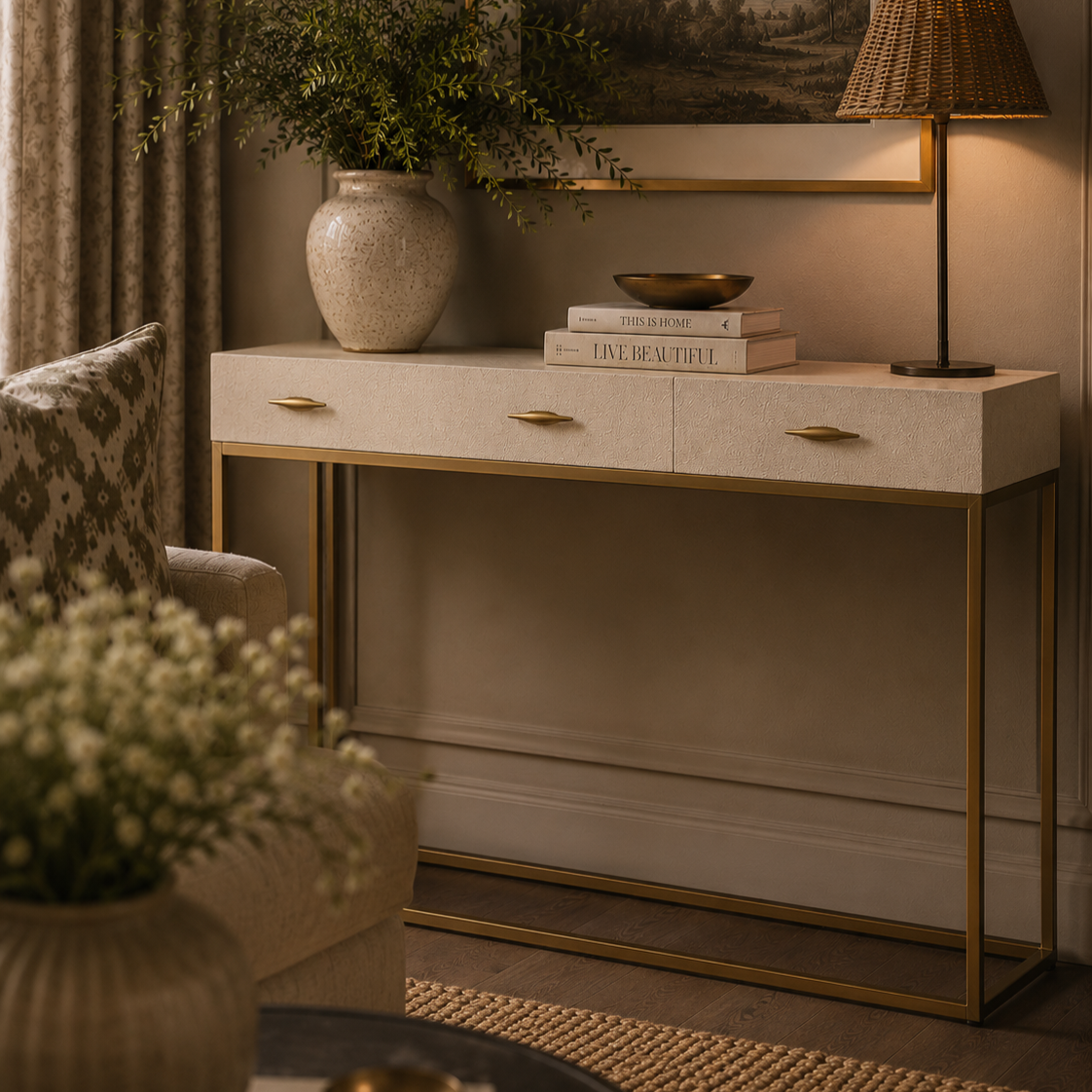Hampton Ivory Faux Shagreen & Gold Handles Console Table - Ivory by D.I. Designs