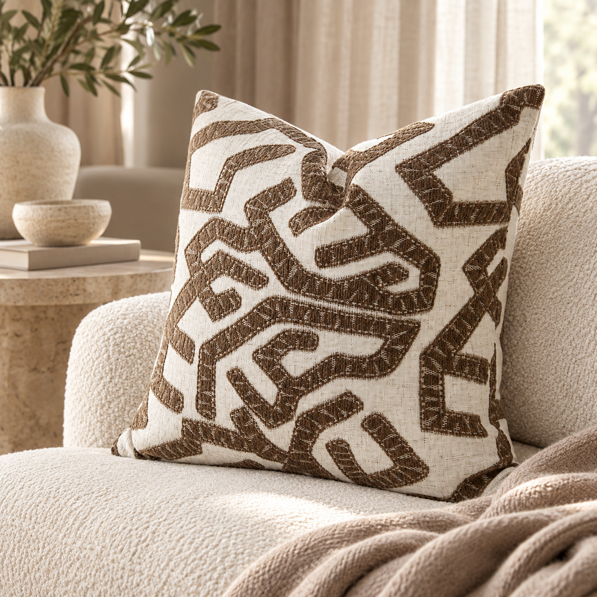 Havana Brown & Natural Abstract Jacquard Cushion 50 cm Malini