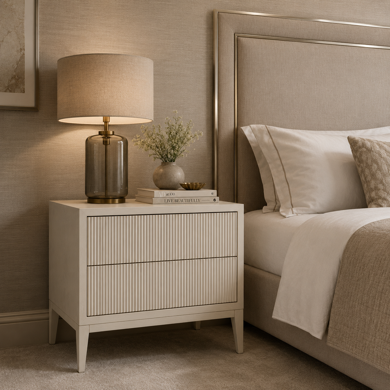 Amur White Finish Wide Bedside Table by RV Astley