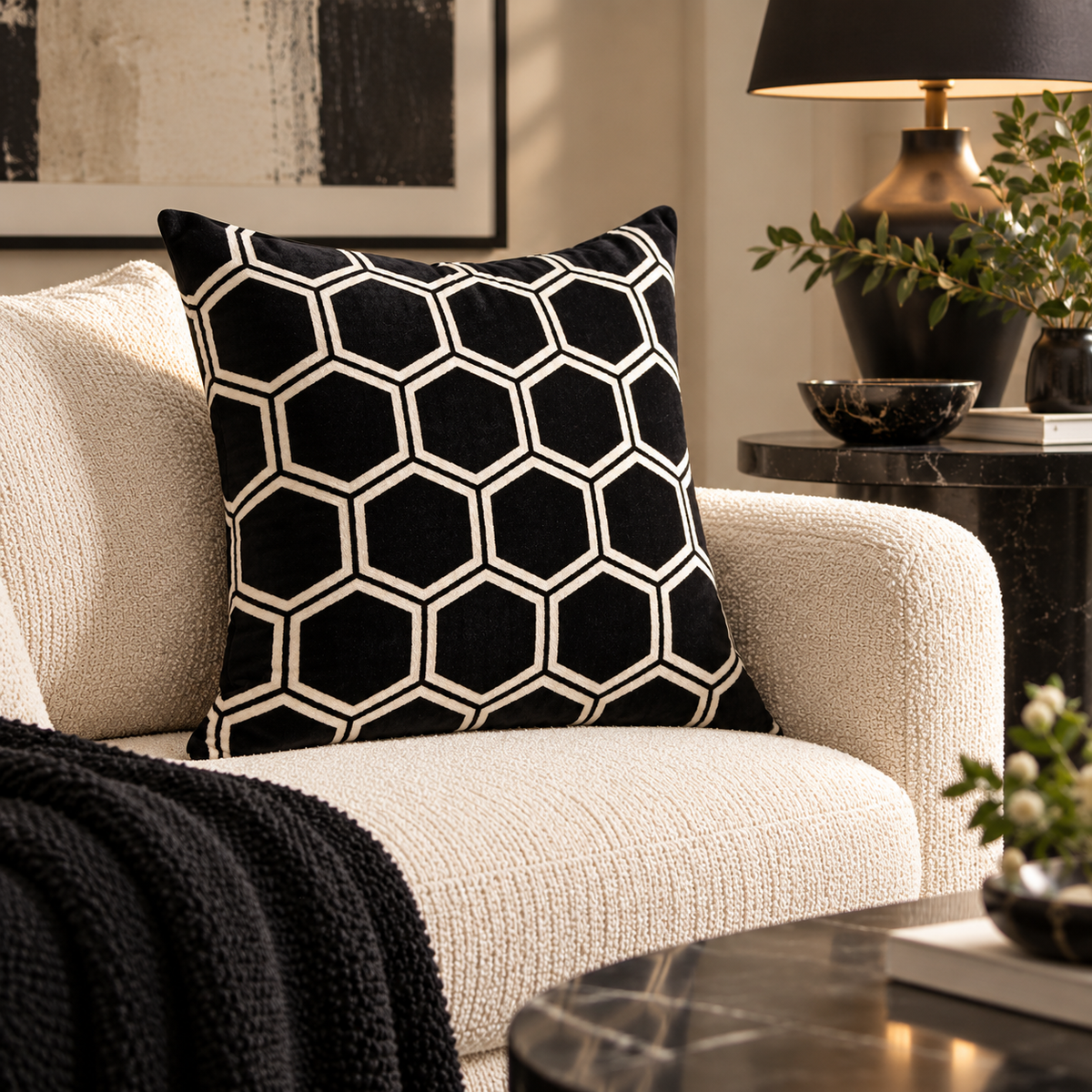 Ivor Geometric Cushion - Black Malini