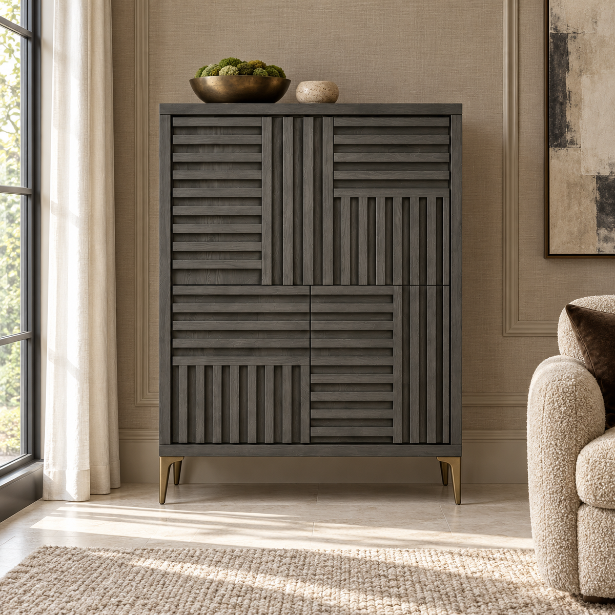 Kyoto Grey Oak Wood & Brushed Brass Cabinet Berkeley Designs