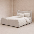 Caleta King Size Bed - Capela Sand with Capela Fennel Seed Piping | Dark Brown Solid Wood by Liang & Eimil