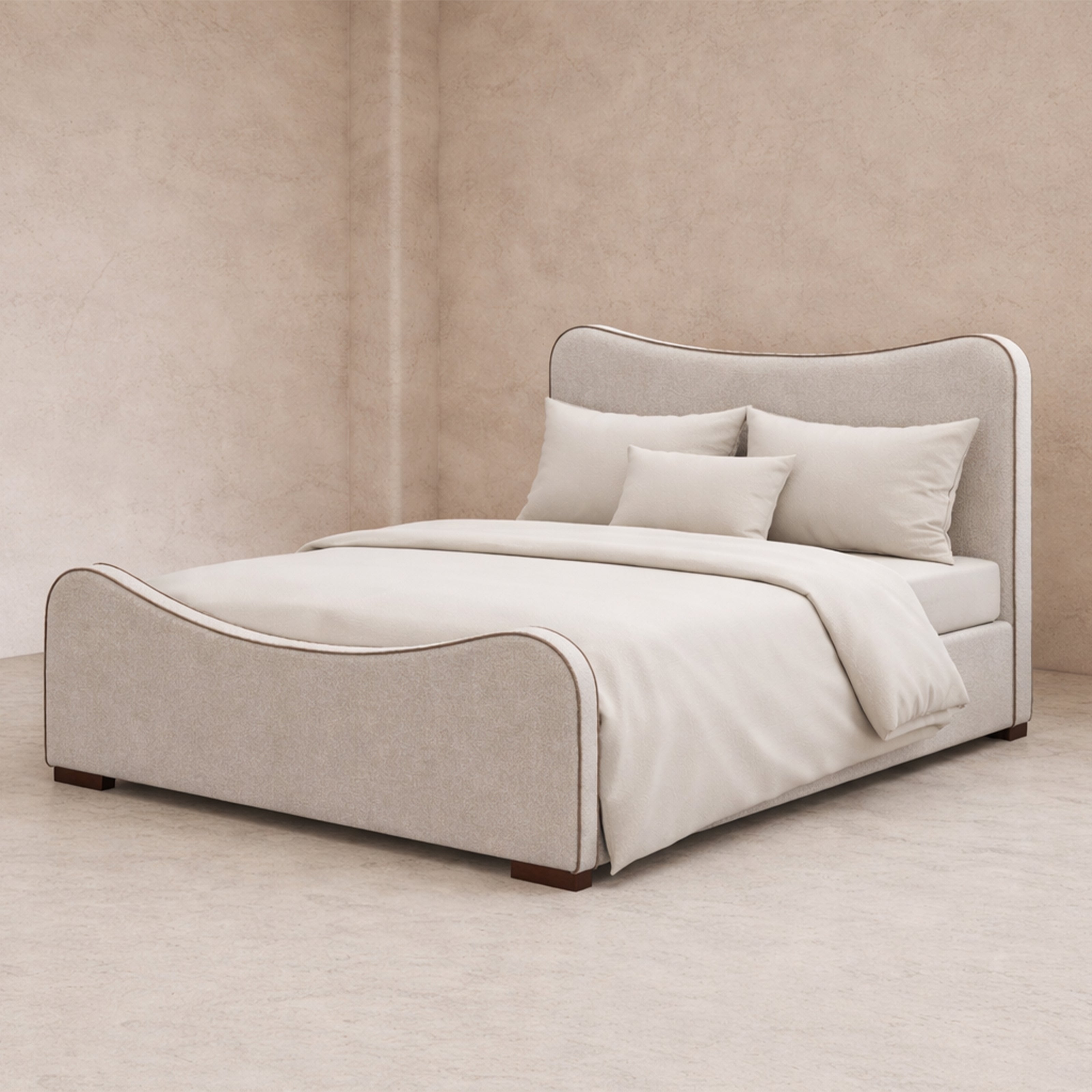 Caleta King Size Bed - Capela Sand with Capela Fennel Seed Piping | Dark Brown Solid Wood by Liang & Eimil