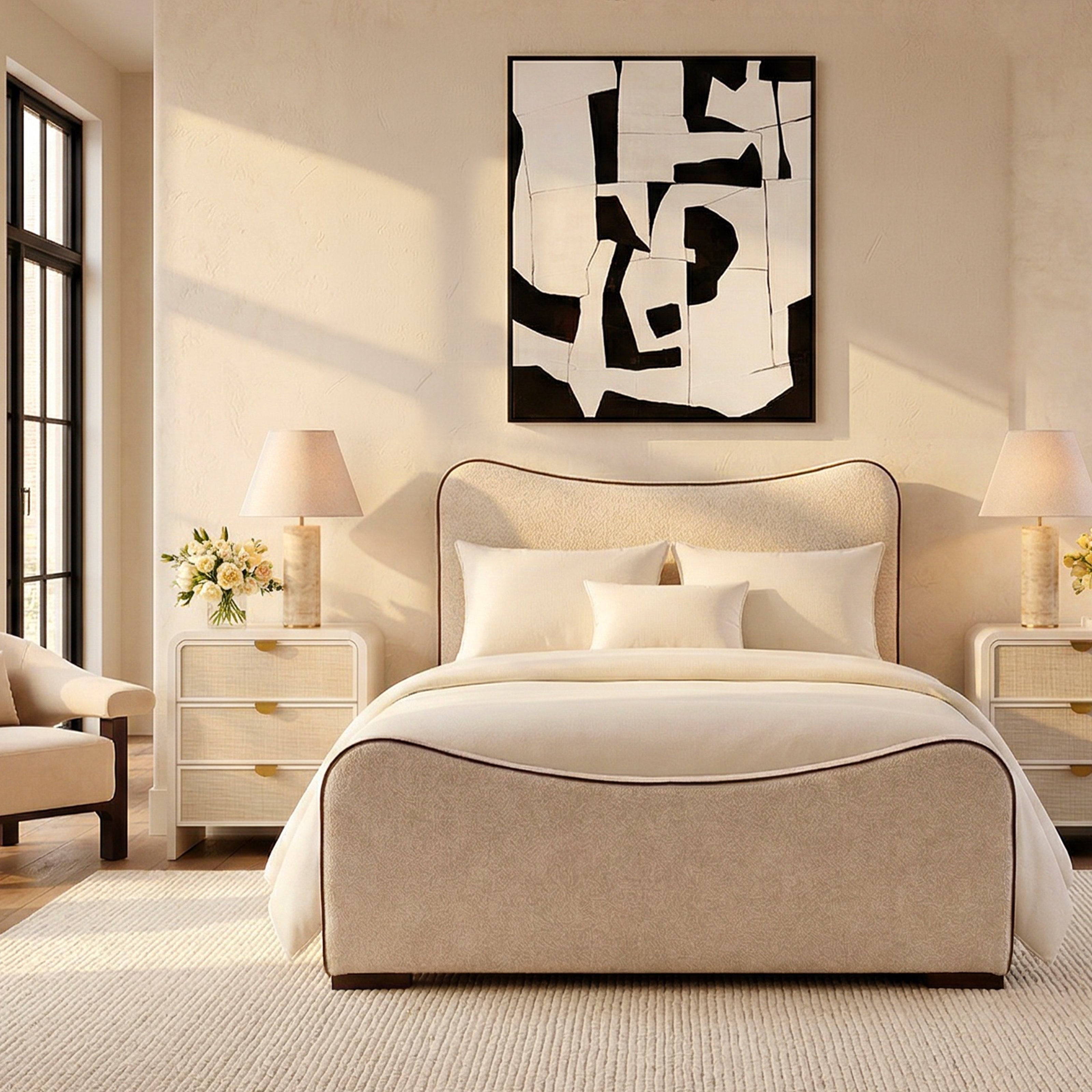 Caleta King Size Bed - Capela Sand with Capela Fennel Seed Piping | Dark Brown Solid Wood by Liang & Eimil