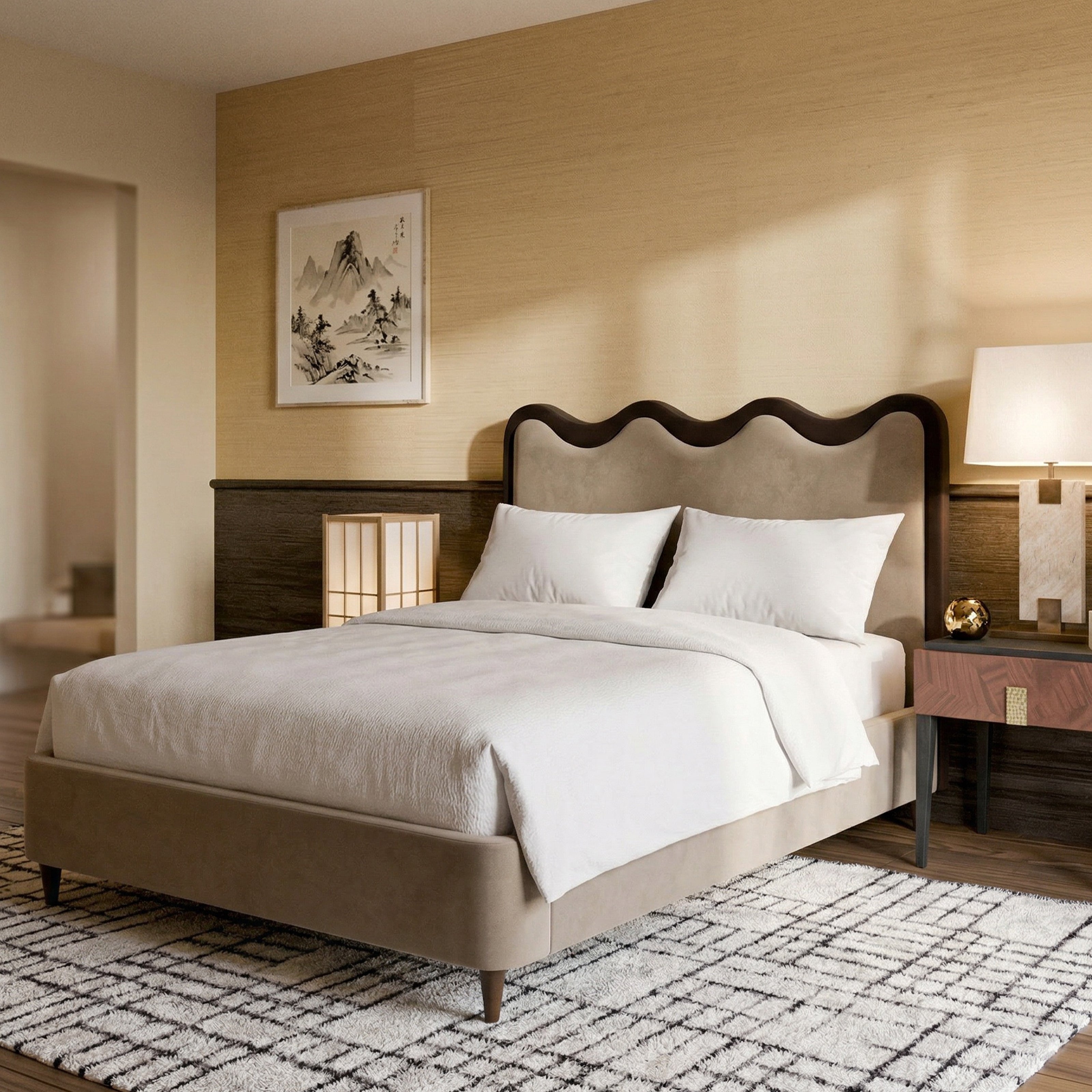 Palermo King Size Bed - Hopper Desert with Hopper Terra Border | Dark Brown Solid Wood by Liang & Eimil