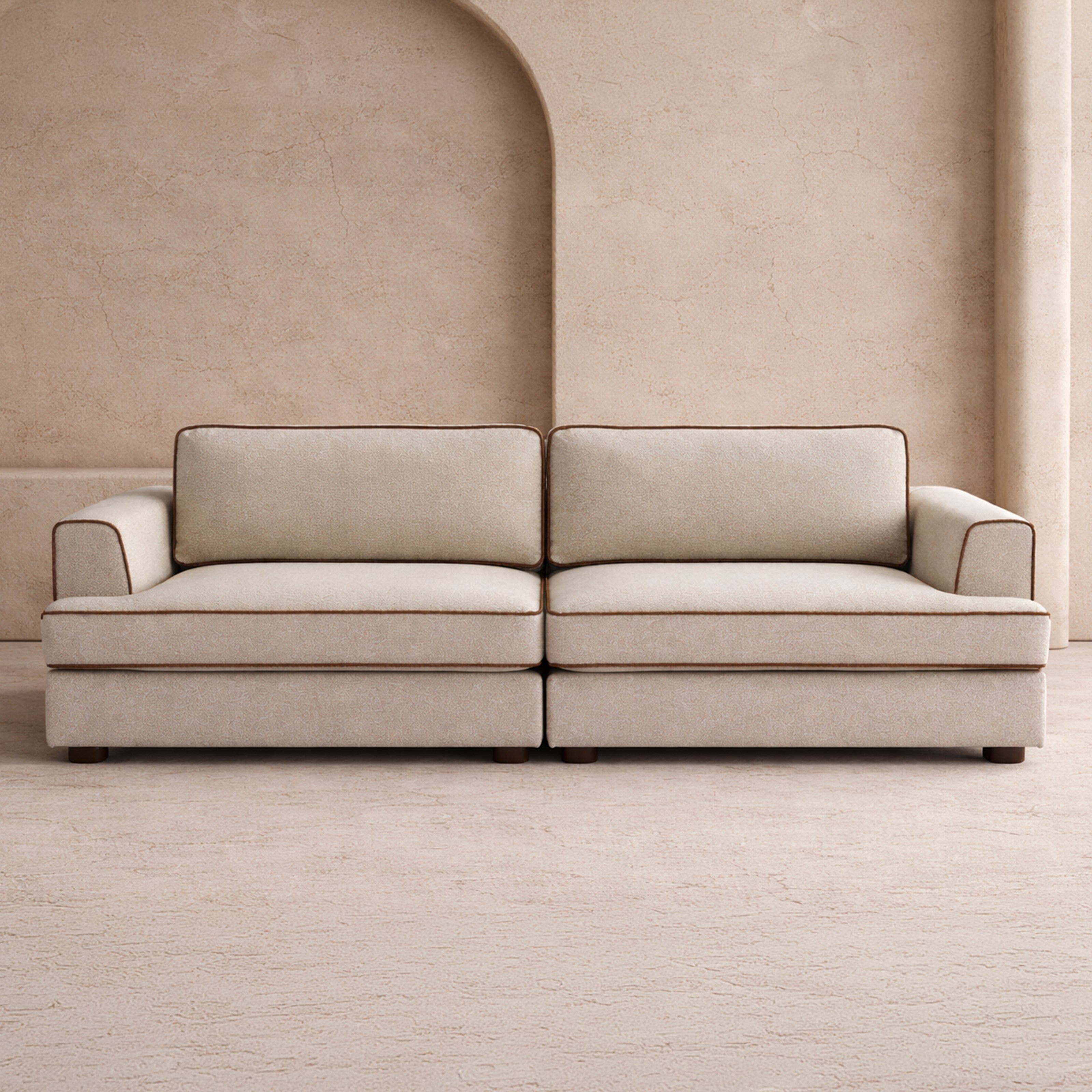 Cameron Sofa - Capela Sand with Capela Fennel Seed Piping | Dark Brown Solid Wood by Liang & Eimil