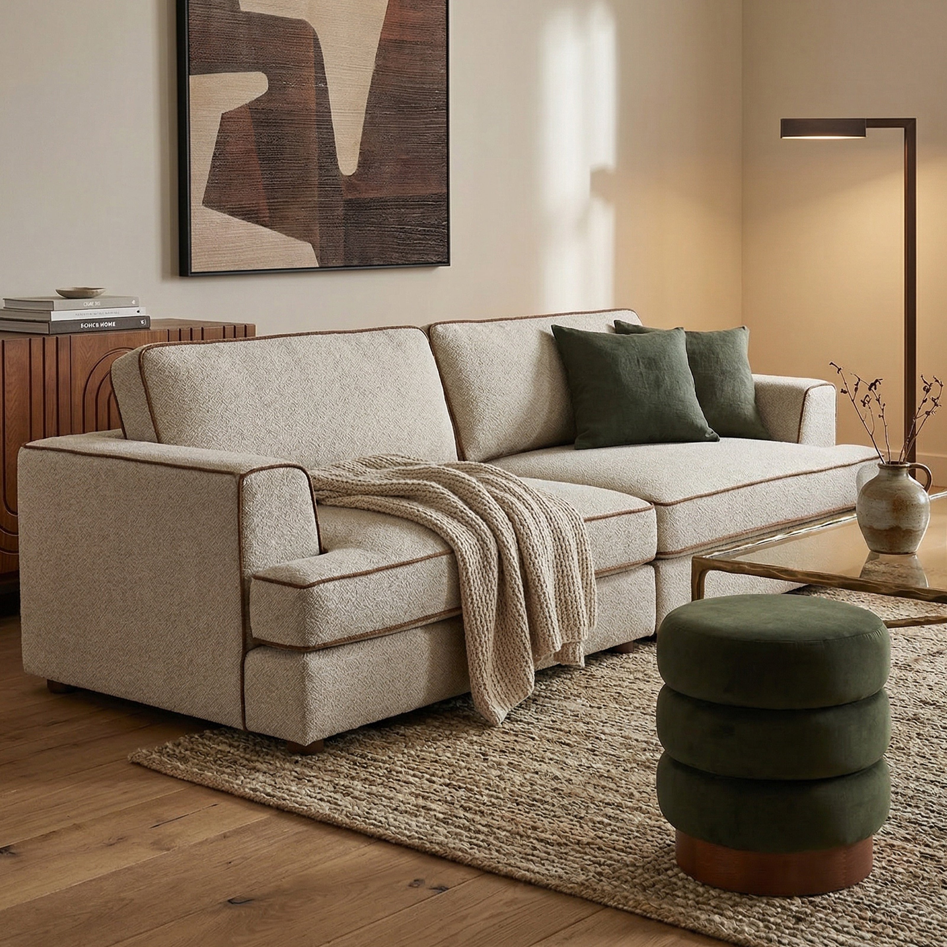 Cameron Sofa - Capela Sand with Capela Fennel Seed Piping | Dark Brown Solid Wood by Liang & Eimil