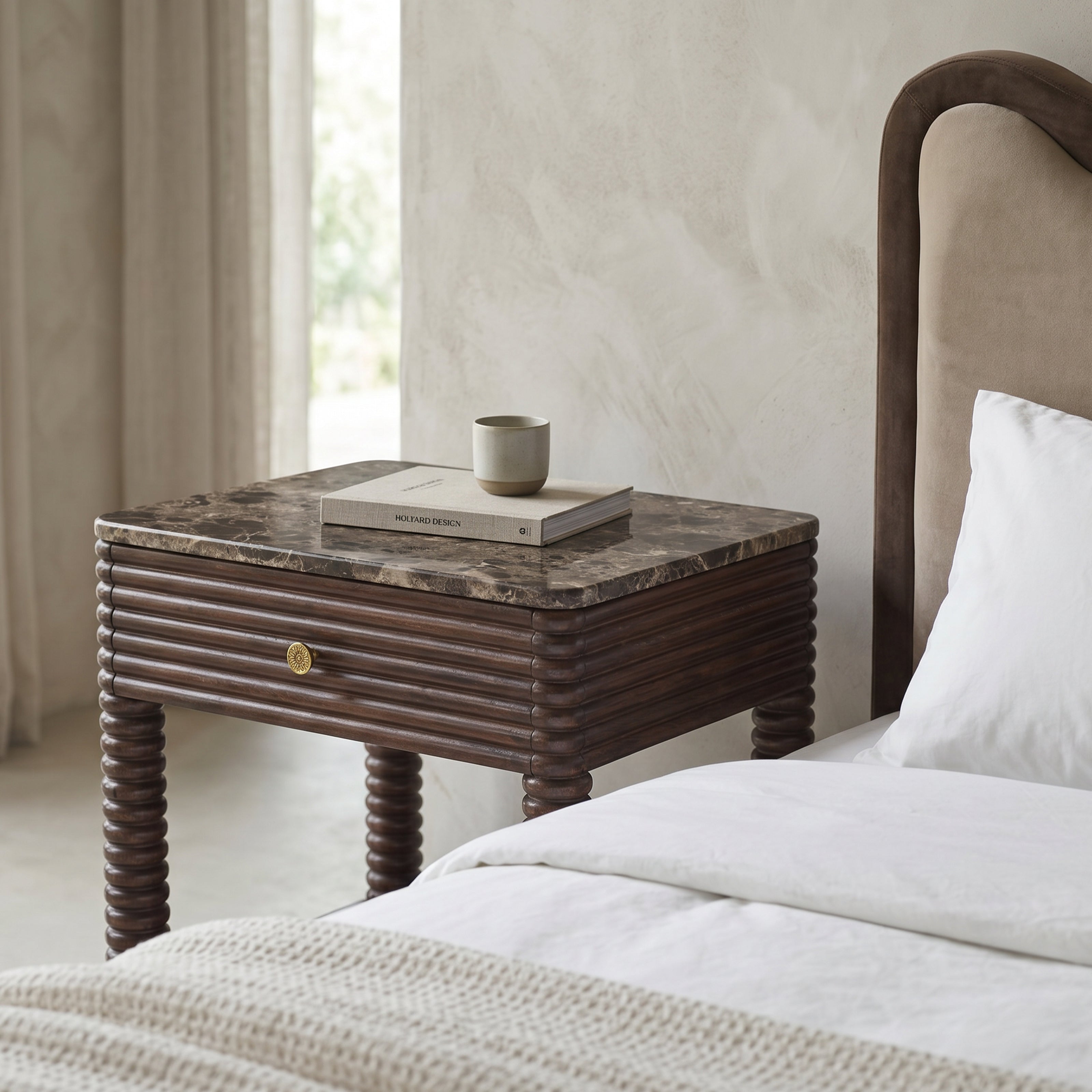 Allure Dark Brown Emperador Marble & Acacia Wood Bedside Table Liang & Eimil