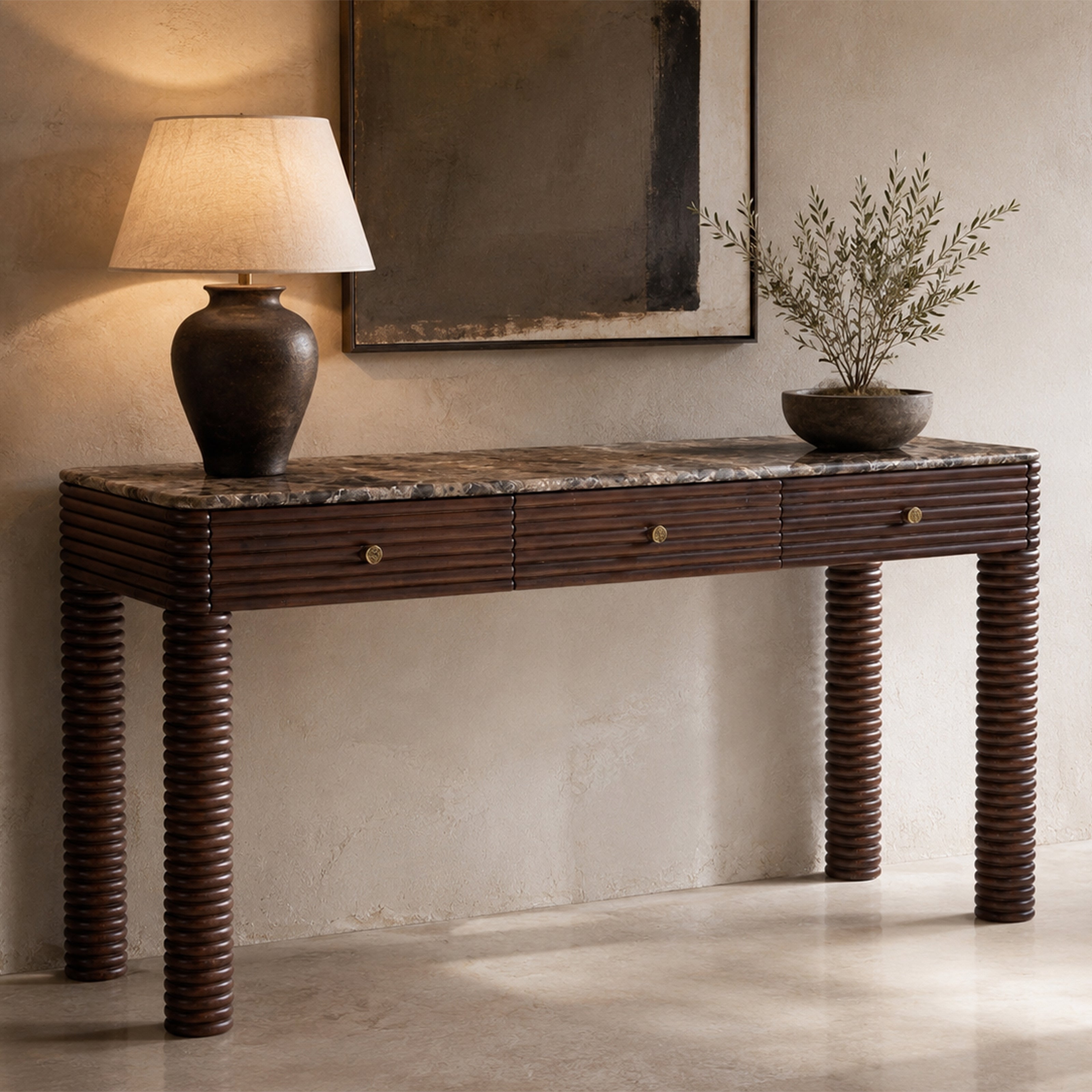 Allure Dark Brown Emperador Marble & Acacia Wood Desk by Liang & Eimil