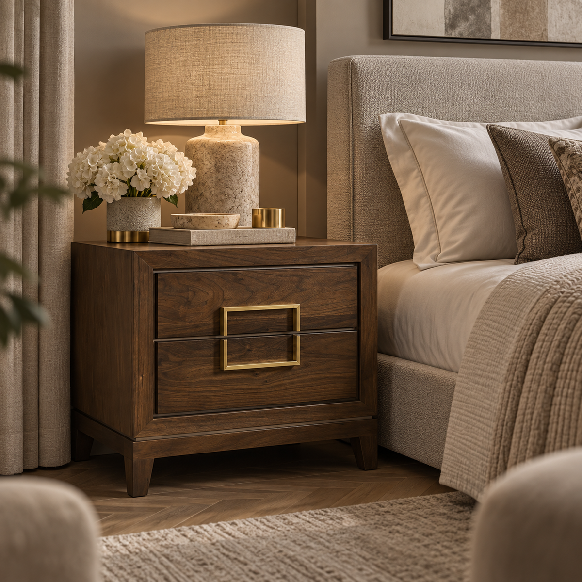 Lucca Brown Walnut Bedside Cabinet with Gold Handles by Berkeley Designs
