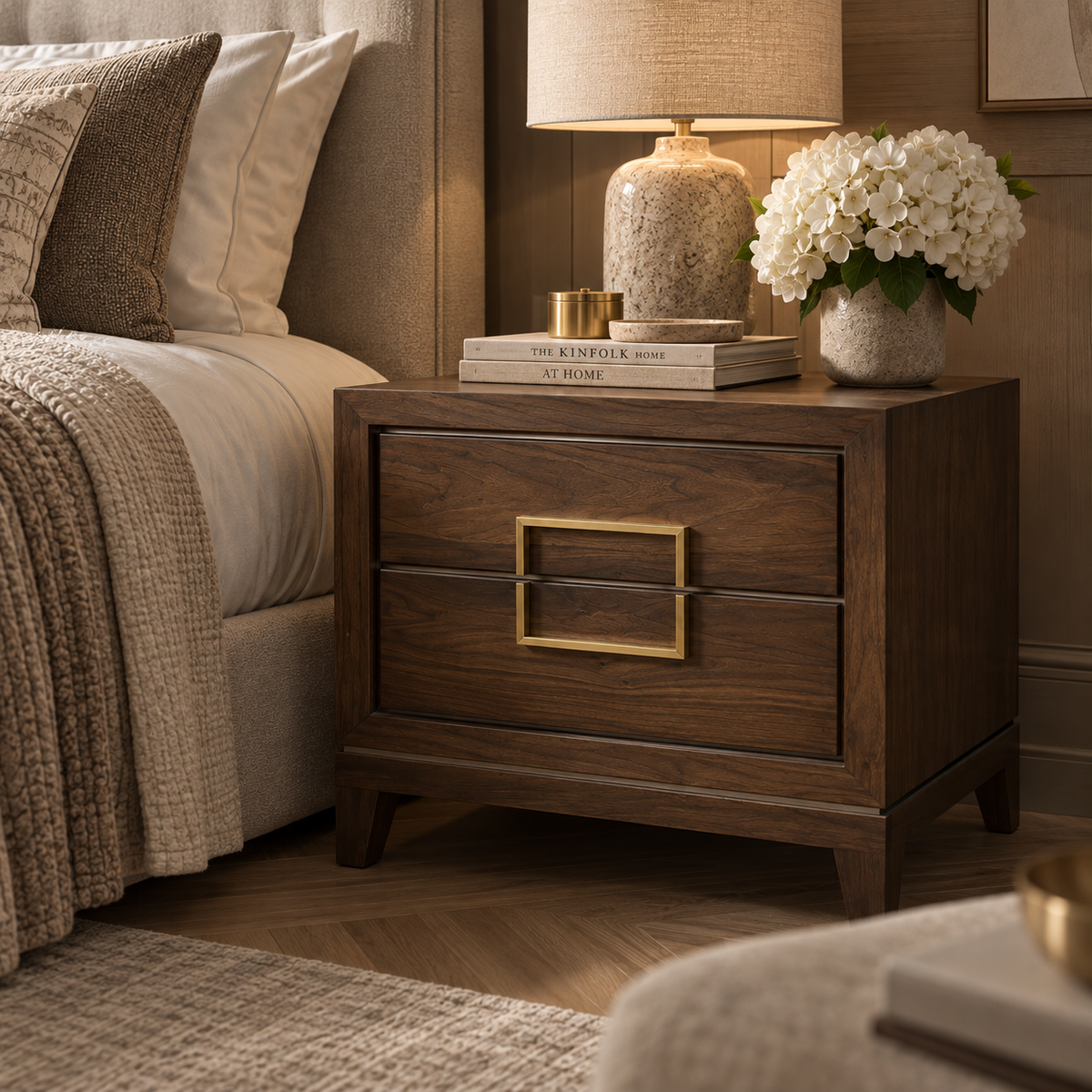 Lucca Brown Walnut Bedside Cabinet with Gold Handles by Berkeley Designs