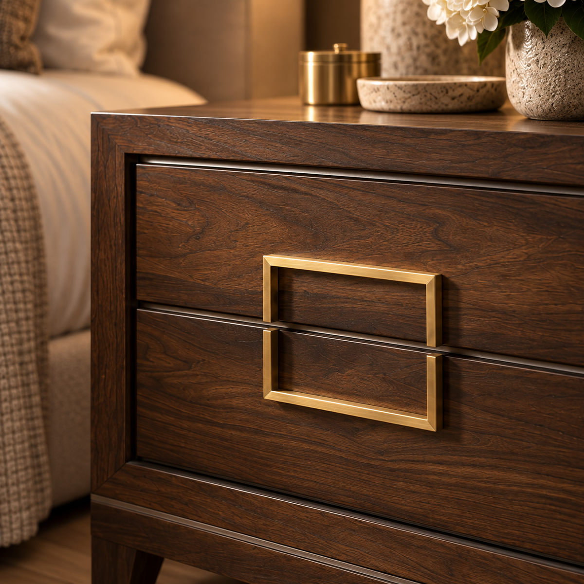 Lucca Brown Walnut Bedside Cabinet with Gold Handles by Berkeley Designs