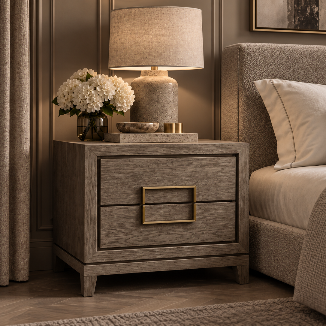 Lucca Grey / Taupe Oak Veneer Bedside Table by Berkeley Designs