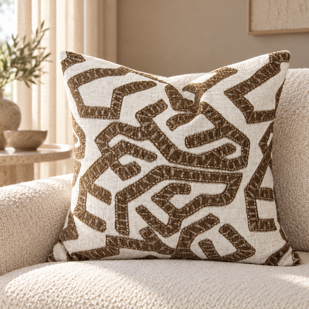 Havana Brown & Natural Abstract Jacquard Cushion 50 cm Malini