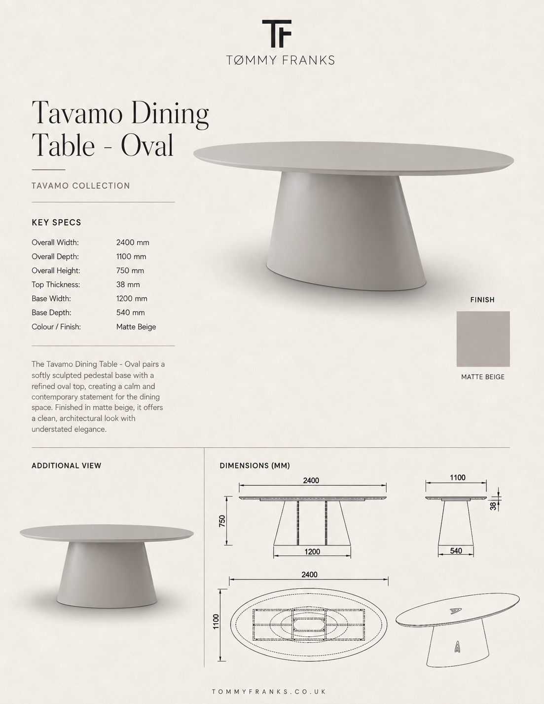 Tavamo Matte Beige Oval Dining Table Tommy Franks