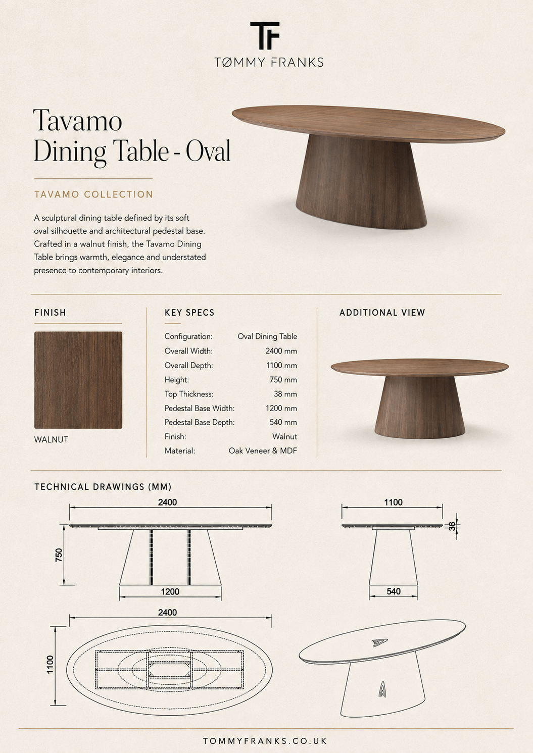 Tavamo Oval Walnut Wood Dining Table by Tommy Franks
