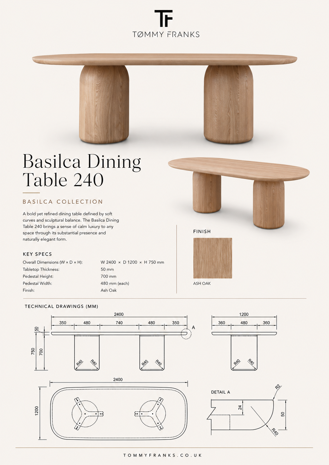 Basilca Ash Oak Wood 240cm Dining Table Tommy Franks