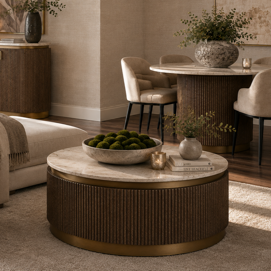 Maigue Brown Wood & White Marble Coffee Table by RV Astley