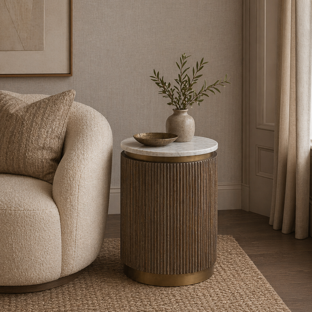 Maigue Brown Textured Wood Side Table with Marble Top by RV Astley