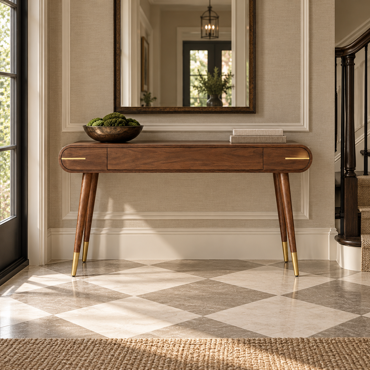 Malibu Console Table Walnut Wood with Brass Handles & Legs Berkeley Designs