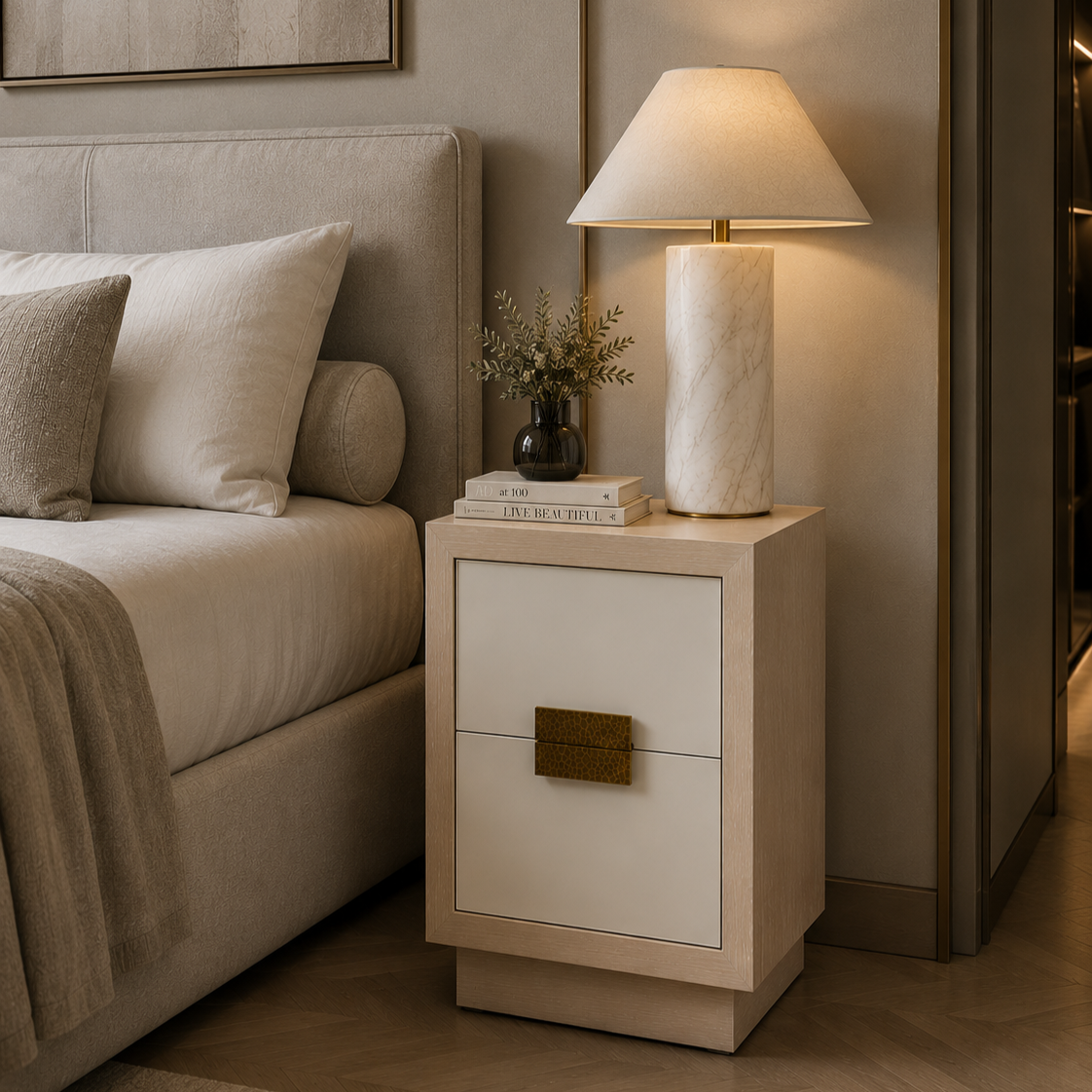 Manila White Oak 2 Drawer Antique Brass Beside Table by Liang & Eimil