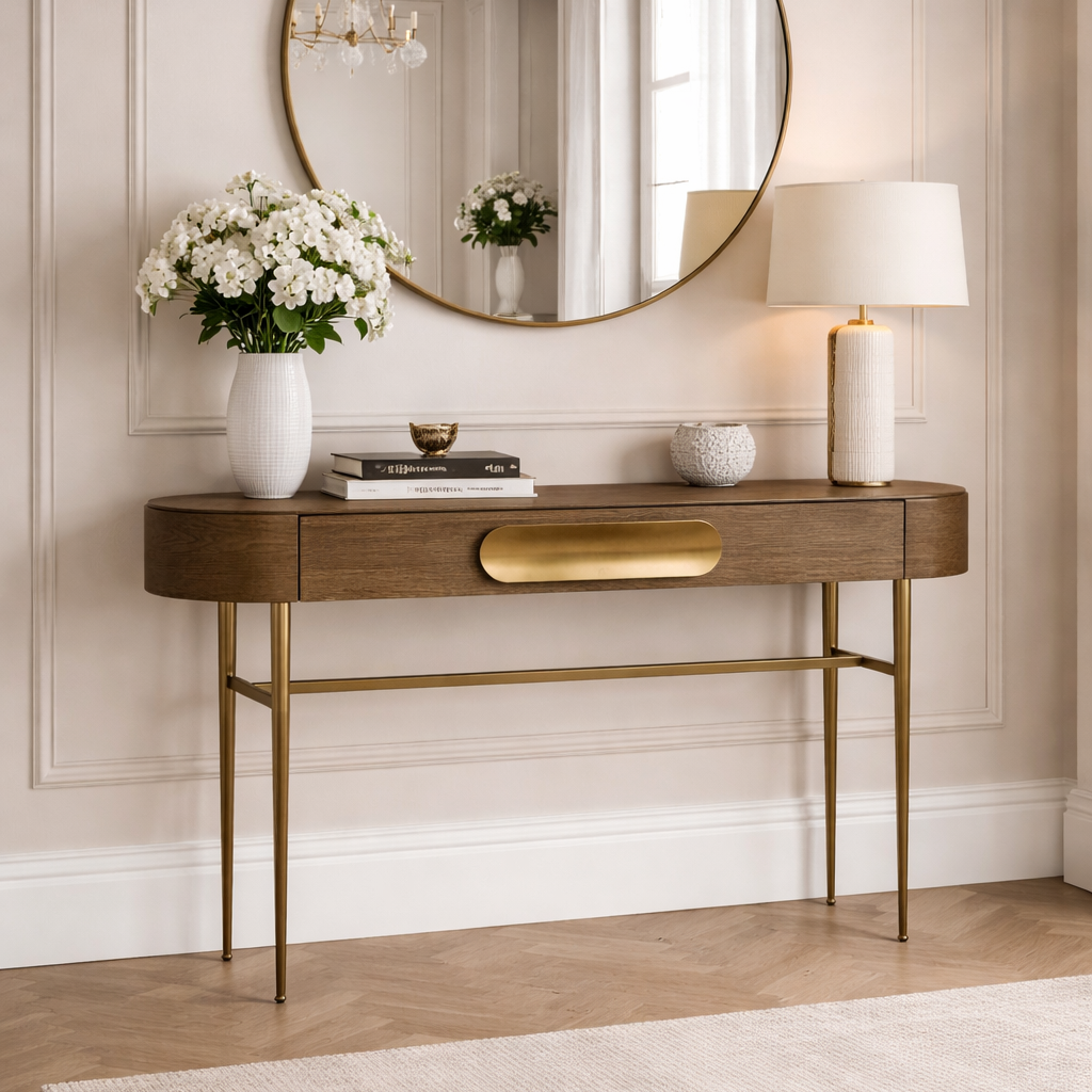 Napa Console Table Textured Carmel Oak Wood with Brass Handles & Legs ...