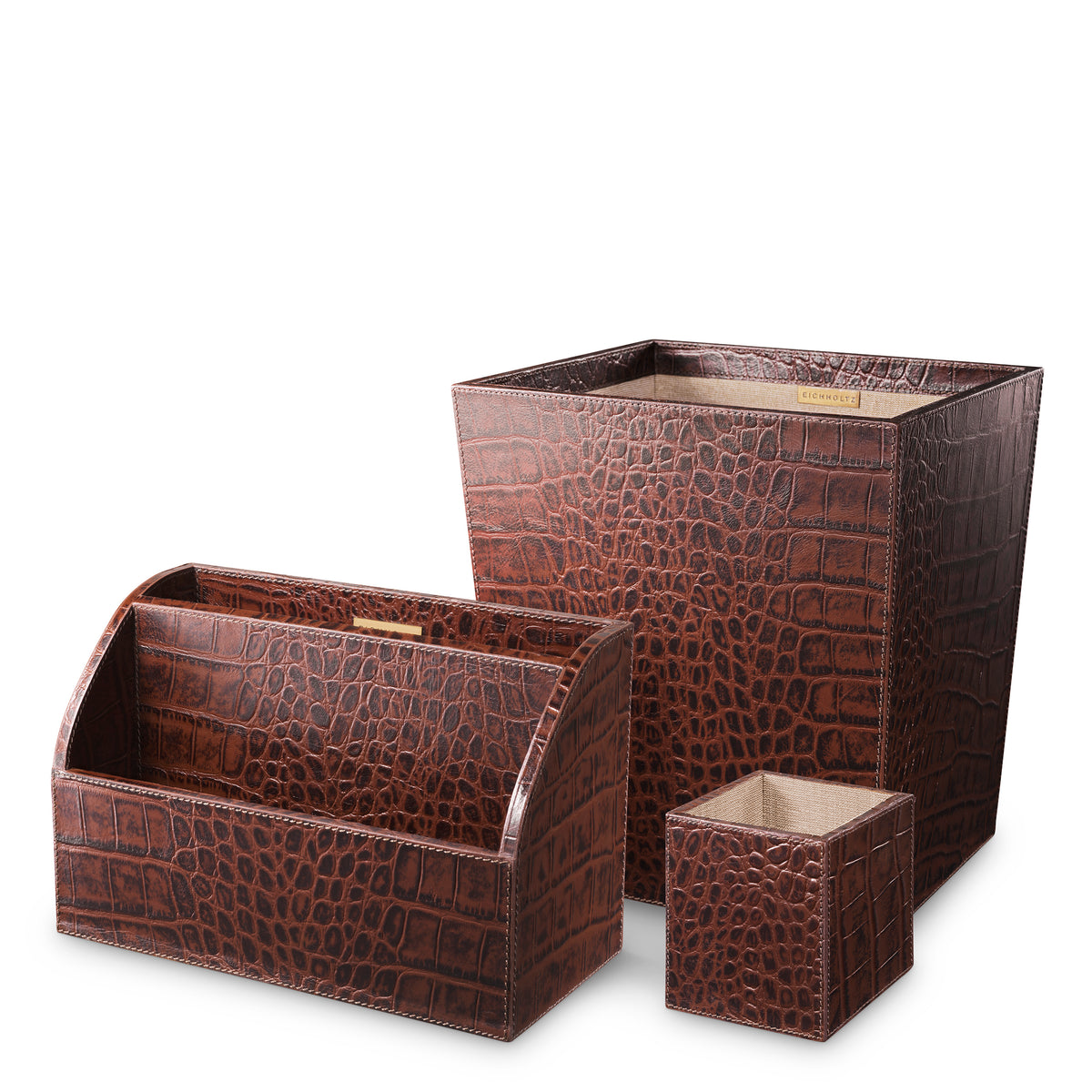 Desk Set Scaleo croco embossed antique brown leather set of 3 by Eichholtz