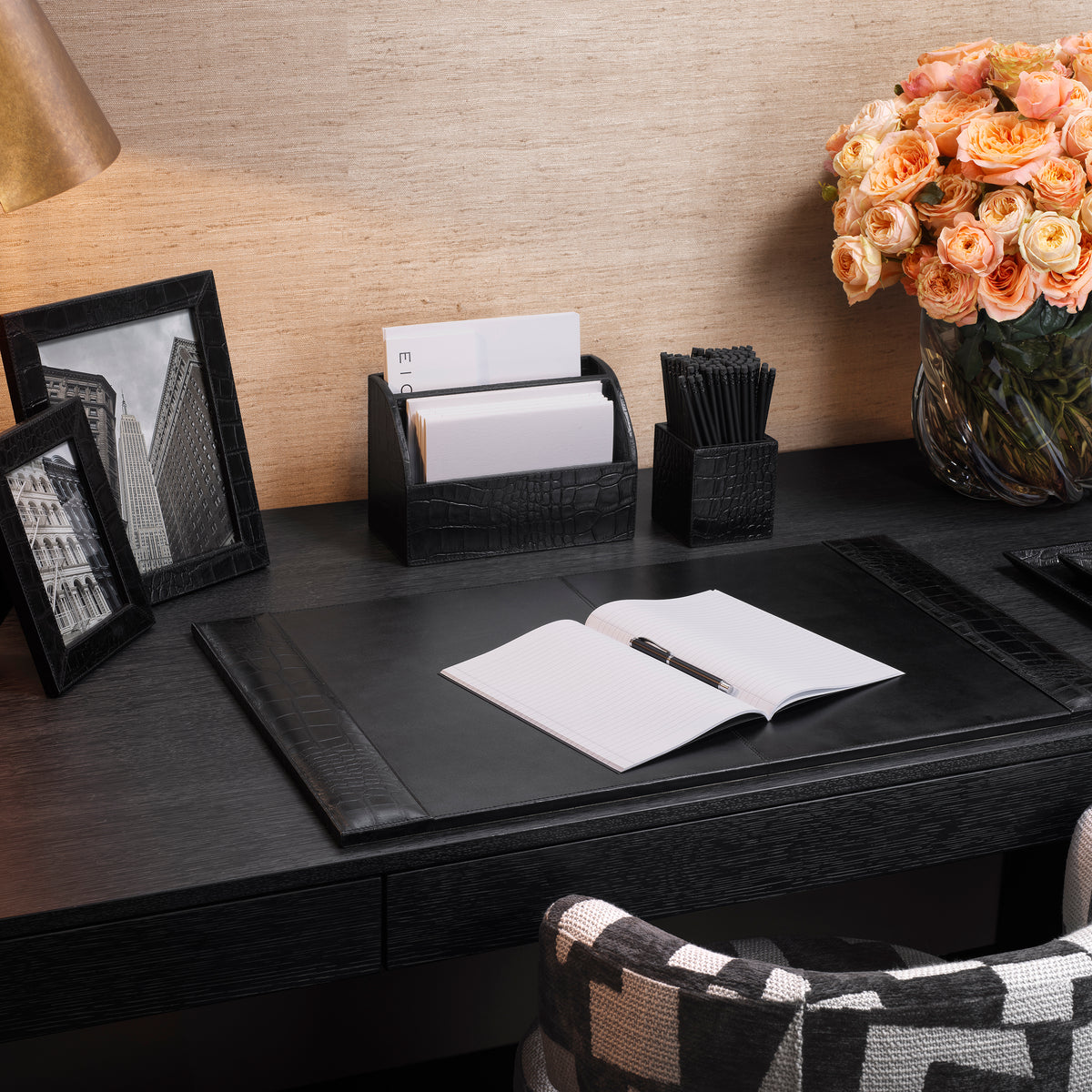 Desk Tray Scaleo croco embossed black leather set of 2 by Eichholtz