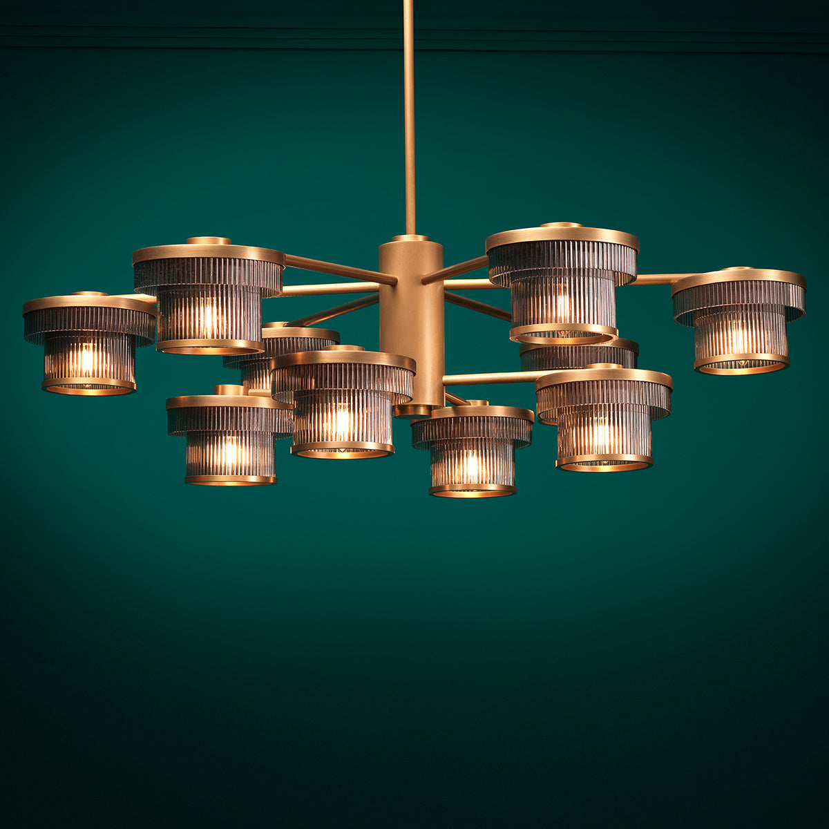 CDJ Chandelier Andromeda antique brass finish smoke glass by Eichholtz