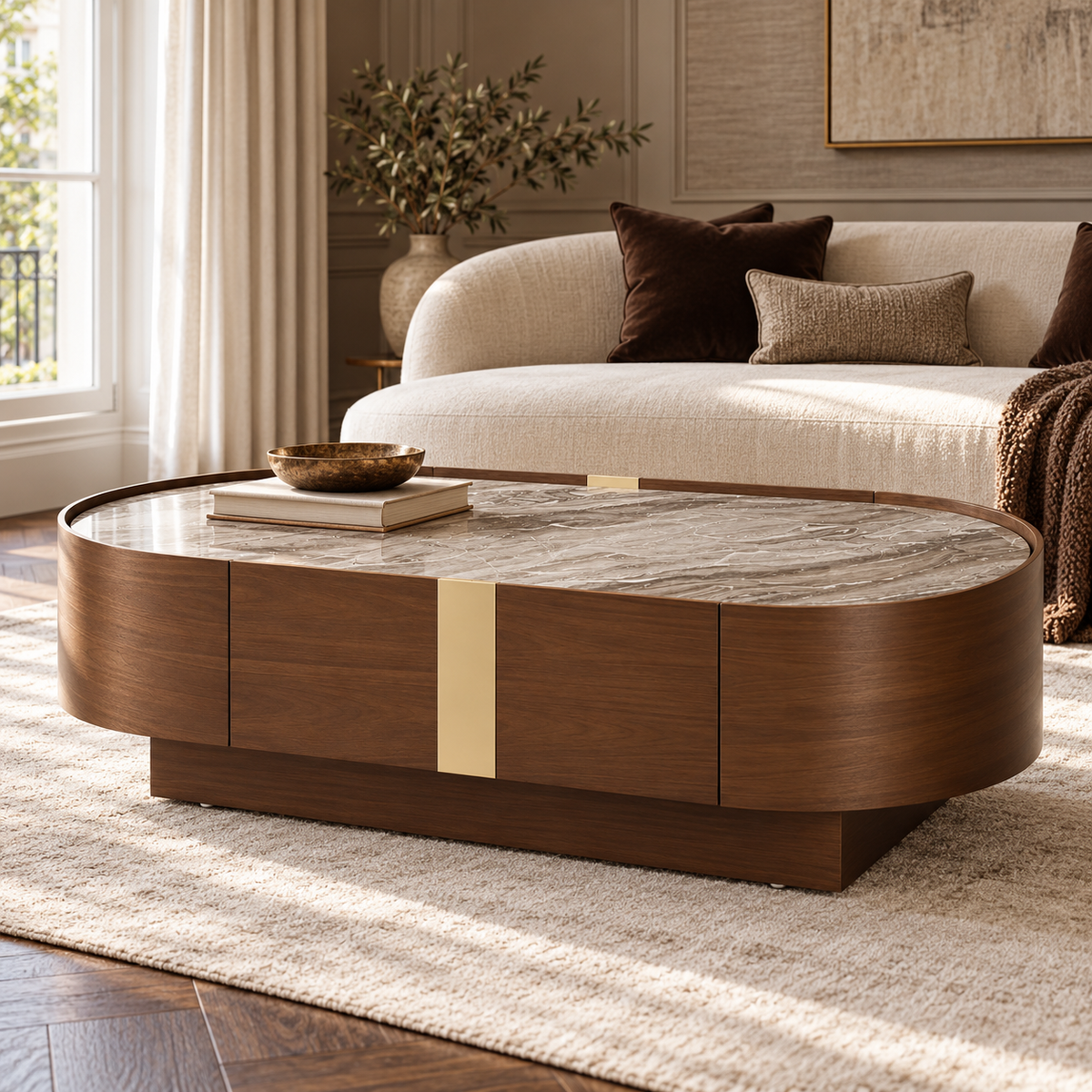 Oslo Gold & Walnut Veneer Oval Coffee Table with Ceramic Top Berkeley Designs