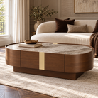 Oslo Gold & Walnut Veneer Oval Coffee Table with Ceramic Top Berkeley Designs