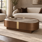 Oslo Gold & Walnut Veneer Oval Coffee Table with Ceramic Top Berkeley Designs
