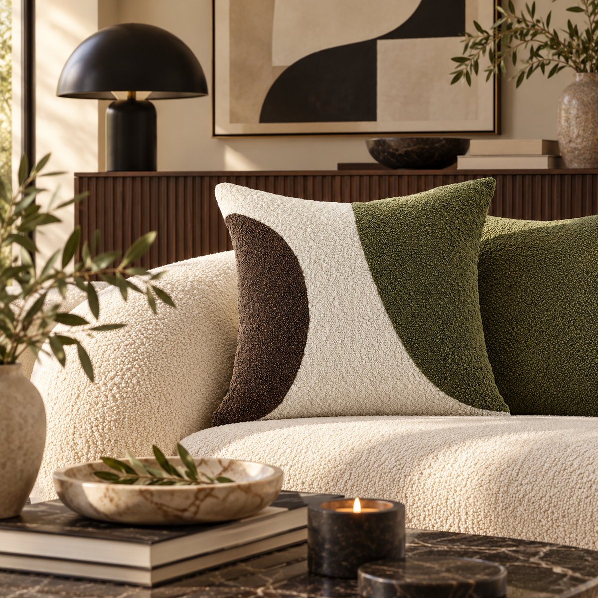 Otto Olive Boucle Abstract Circle Cushion 45 cm x 45 cm Malini