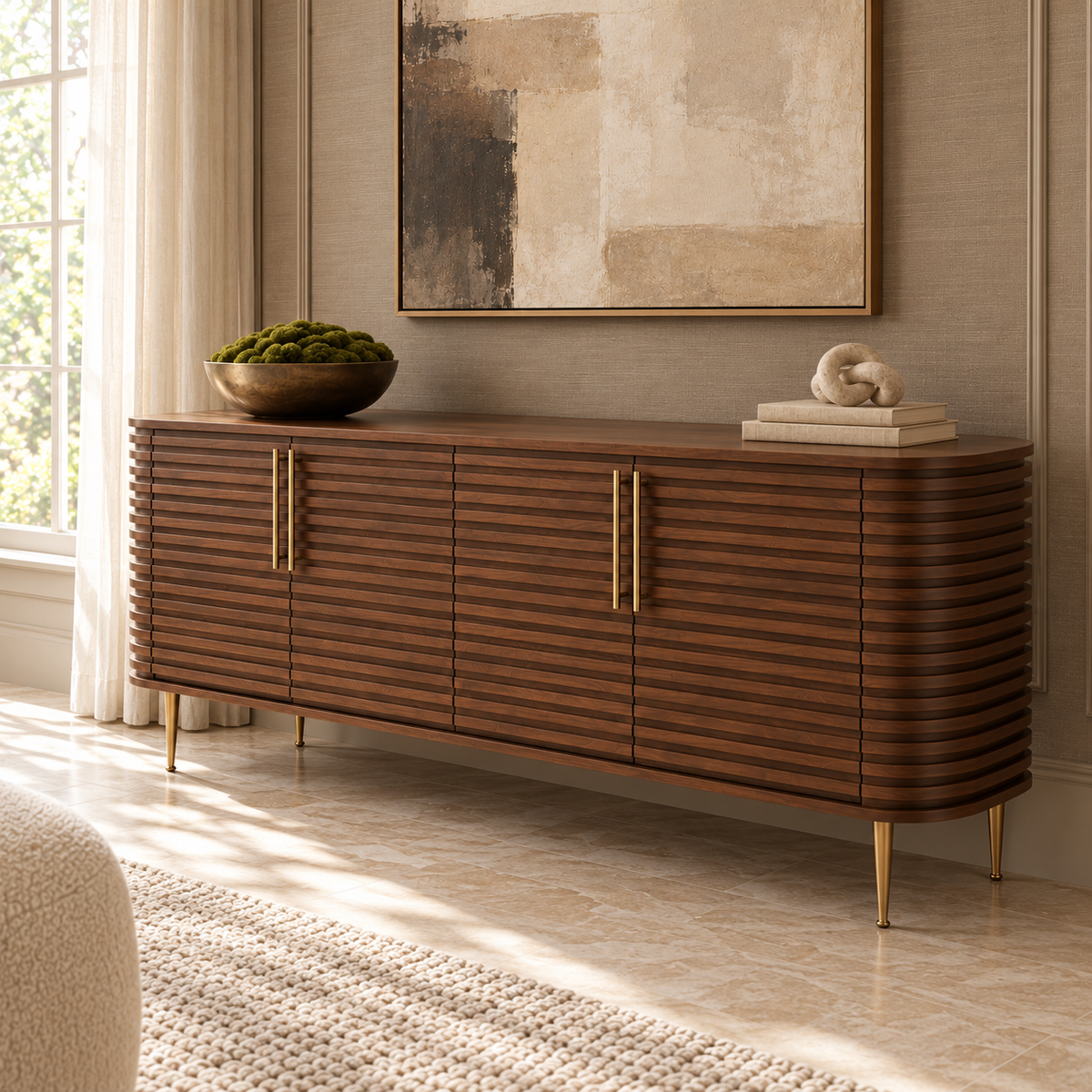Paris Brown Walnut Wood & Brass Sideboard Berkeley Designs