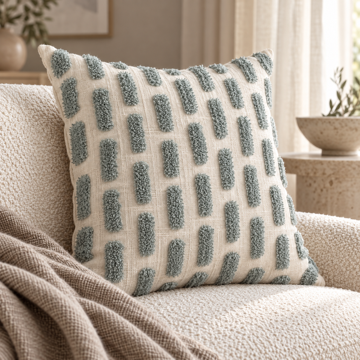 Ridge Duck Egg Cotton Tufted Dash Cushion 43 cm Malini
