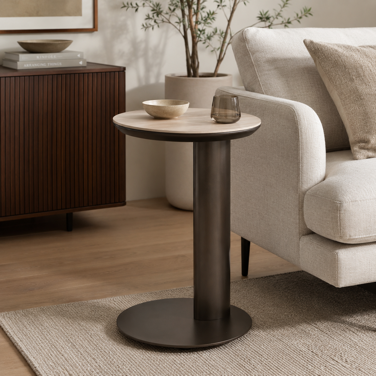 Ritz Brown Metal & Travertine Ceramic Sofa Side Table by Richmond Interiors