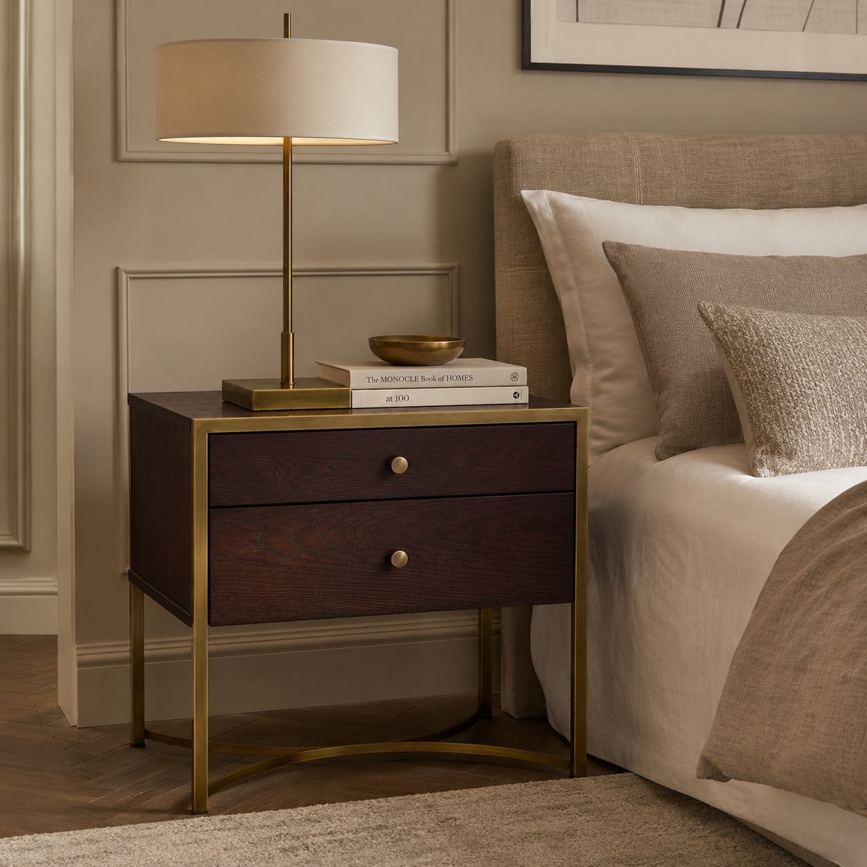 Rivoli Bedside Table Chocolate Ash Wood & Brass Frame Two Drawers Liang & Eimil