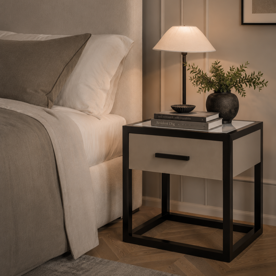 Roux Taupe Faux Leather & Ash Wood Bedside Table by Liang & Eimil