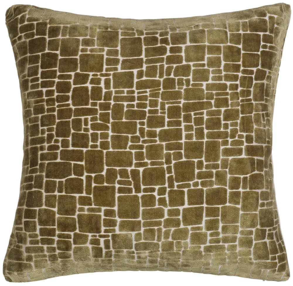 Bergen Cut Velvet Abstract Squares Cushion - Olive Malini