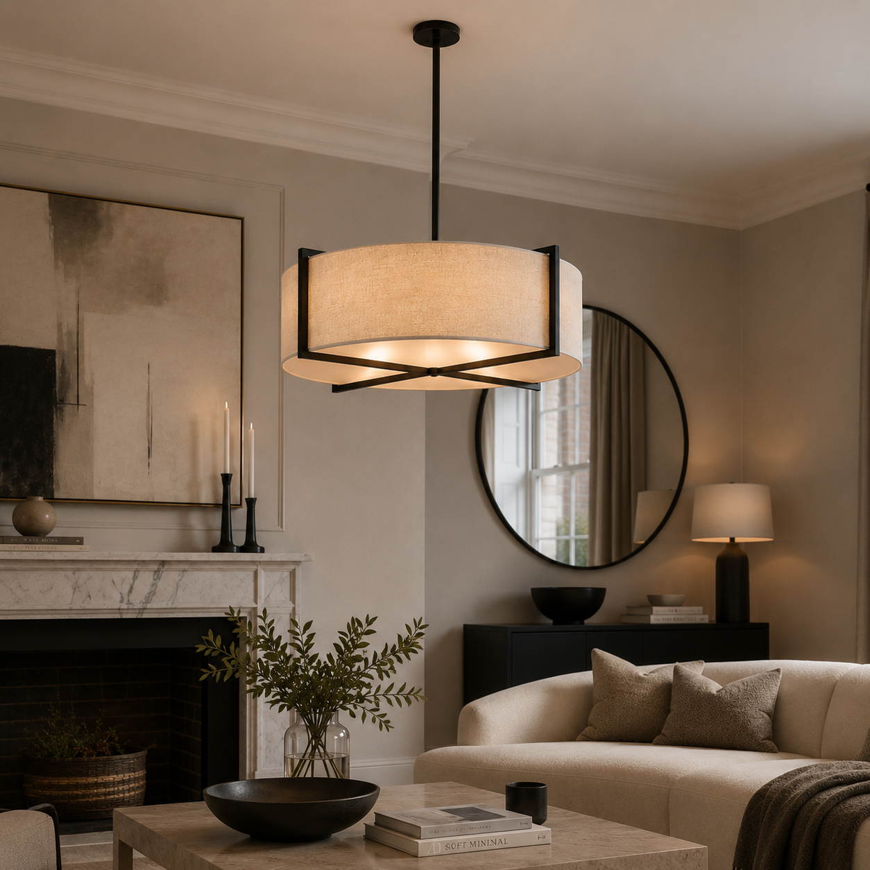 Sanderson Large Pendant Ceiling Light Linen & Matt Black Frame Liang & Eimil