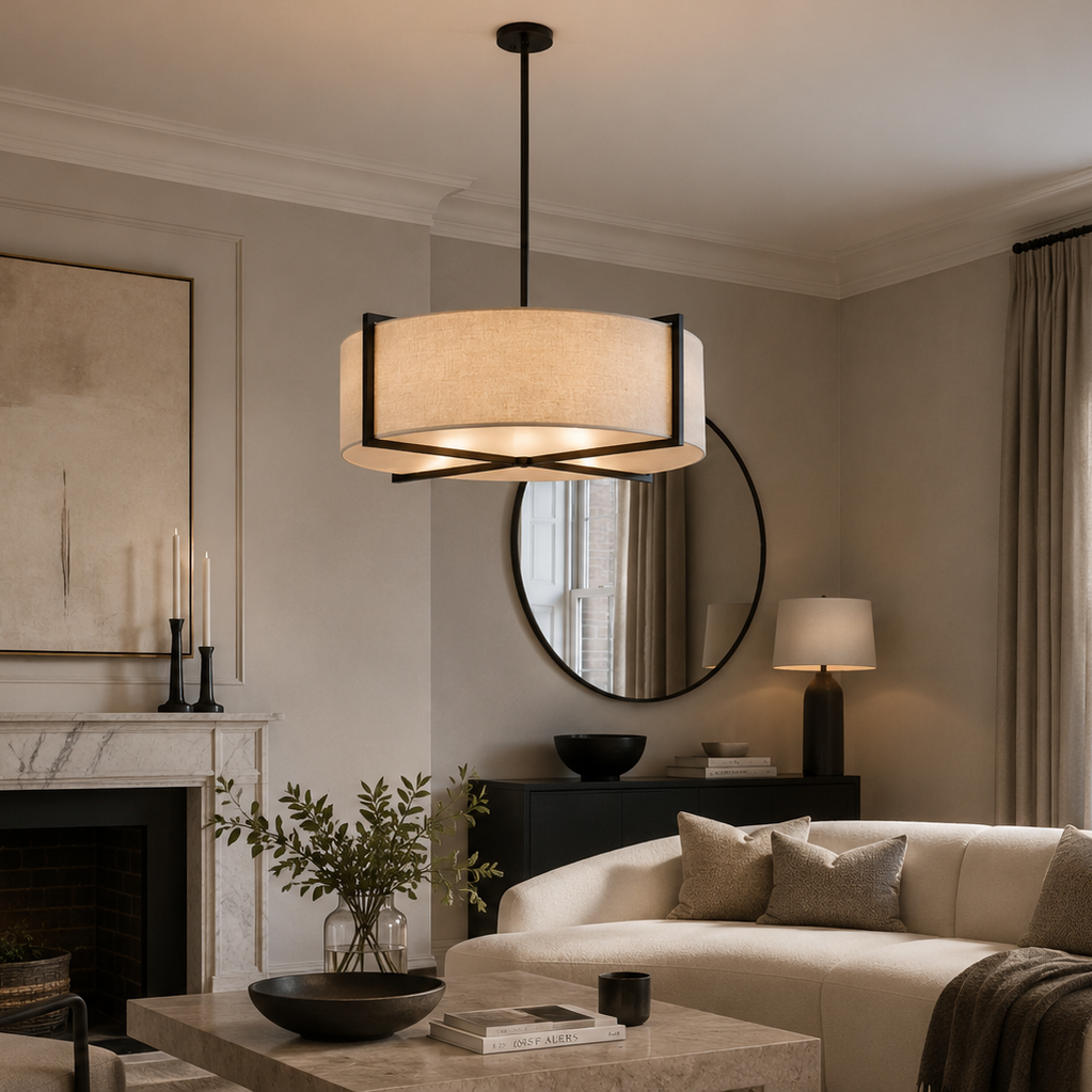 Sanderson Large Pendant Ceiling Light Linen & Matt Black Frame Liang & Eimil