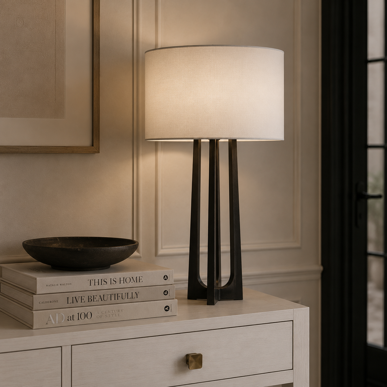 Scala Hand-Forged Table Lamp in Aged Iron with Linen Shade by Visual Comfort & Co